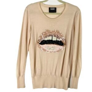 NWOT MARKUS LUPFER Sweater S Cream Sequin-Lips-Appliqué Long-Sleeve Merino-Wool